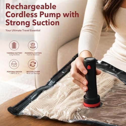MEIQIHOME 10 Pack PackEase Travel Vacuum Bags 1500mAh Wireless Pump, 80% Compression Space Saver for Luggage, Clear PA+PE Reusable Seal Bags for Clothes, Portable Electric Air Pump for Travel & Home - Image 3