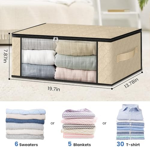 HomeHacks 3-Pack Clothes Organizer Storage Bags, 35L Storage Bins, Beige - Image 2