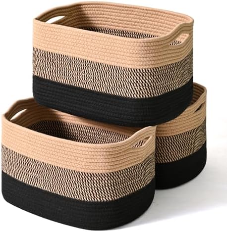 ICERZCZ Storage Baskets for Organizing Shelves, Decorative Baskets for Storage, Woven Cotton Rope Basket for Living Room Bedroom Nursery, 15"x11"x9.5", 3 Packs, Gradient Black & Jute by ICERZCZ