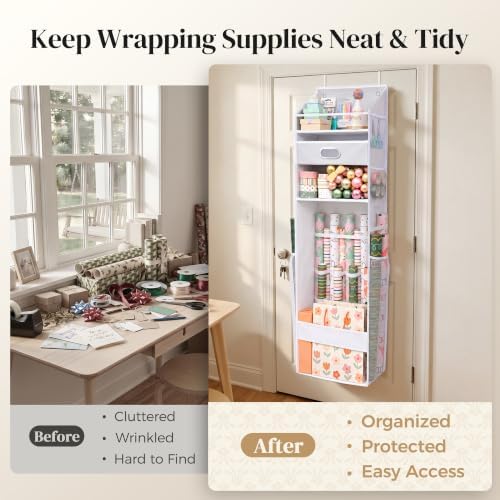 Ordovibe Wrapping Paper Storage Organizer, Over The Door Gift Wrap Holder with Removable Drawer & Side Mesh Pockets – Space Saving Closet Organizer for Christmas, Halloween, Birthday Rolls Supplies White - Image 2