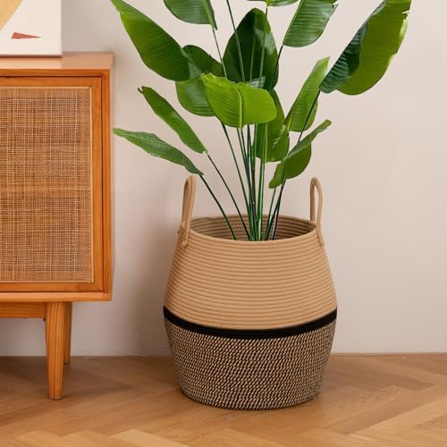OIAHOMY 60L Blanket Basket with Handle, Storage Basket for Living Room, Laundry Hamper for Clothes, Towels, Pillows, Toy Storage for Kids and Dogs, Baby Hamper for Nursery - Brown & Black - Image 6