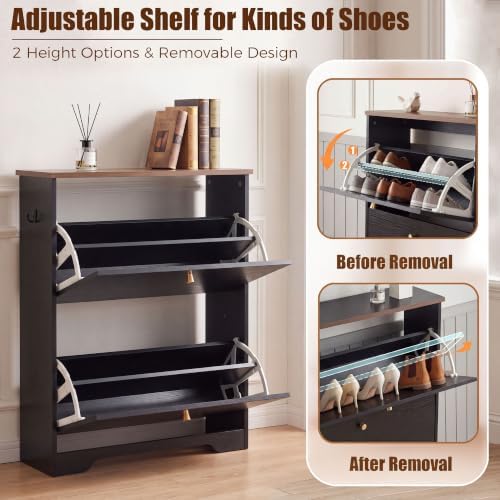 Nicetree 2 Flip‑Drawer Shoe Cabinet,Walnut Top,9.5" Deep, Light Black - Image 6