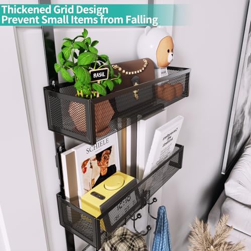 HapiRm Over the Door Hanger with Coat Hooks and 2 Baskets, Rustproof & Waterproof Over the Door Hooks, Storage Organizer for Hats, Bathroom, Kitchen, Bedroom, RV, Camper-Black (for 1.76in Doors) - Image 2