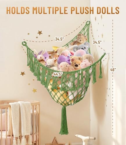 Lare Stuffed Animal Storage Hammock Corner Net - 45" W x 45" H(Oliva Green) - Image 6