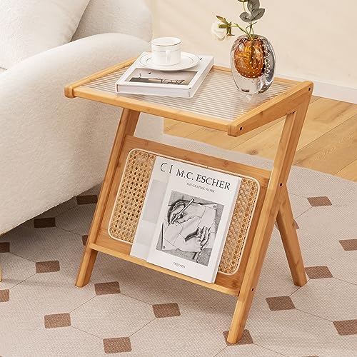 GIANTEX Rattan Side Table, Boho Nightstand with Glass Top & Magazine Rack, End Table with Storage, Bamboo Bedside Table for Small Space Living Room Bedroom (Natural,1) by Giantex