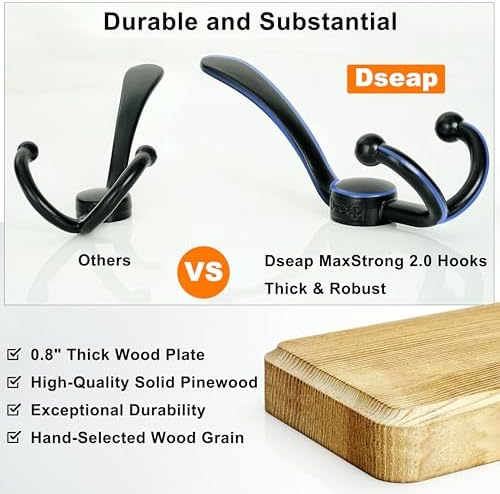 Dseap Coat Rack Wall Mount - Heavy-Duty Robust Barnwood-Style Wooden Wall Coat Hanger Hook Rail with 5 Triple Hooks for Winter Coats Hat Jacket Clothing, Weathered Blue & Black, Pack of 2 - Image 2