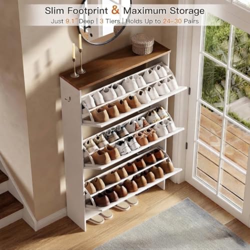 Nicetree Shoe Cabinet, 3 Flip Drawers & Adjustable Shelves, Ultra Slim Freestanding (9.1” Deep), Holds 30 Pairs, Narrow Shoe Storage Cabinet with Anti-Tip Safety, Modern Farmhouse White Walnut - Image 5