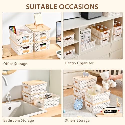 8 Pack Plastic Storage Bins with Bamboo Lids - Stackable Storage Baskets with Handle for Pantry Organizer and Storage, Plastic Containers Bins Lidded Storage Bins for Classroom Office Shelves - Image 2