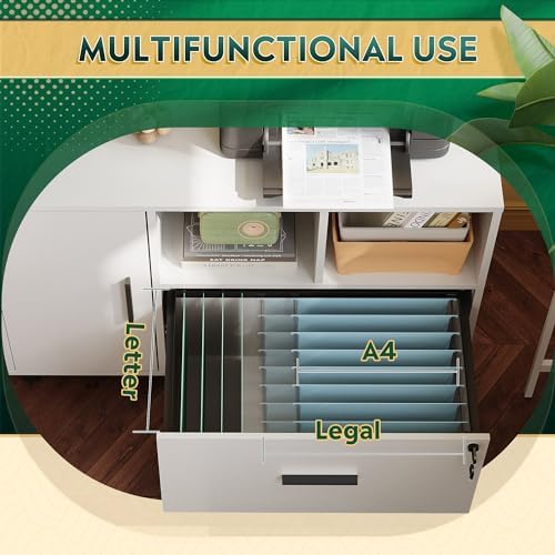 DEVAISE Office File Cabinet with Lock, 1-Drawer Wood Lateral Filing Cabinet on Wheels, Printer Stand with Open Storage Shelves for Home Office, White - Image 4