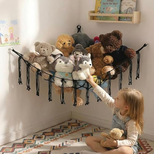 YKBU Stuffed Animals Hammock Corner Hanging Net Macrame Stuffed Animal Storage Plush Toy Holder Toy Organizer for Boho Nursery Playroom Bedroom Kids Room (black, Large) by YKBU