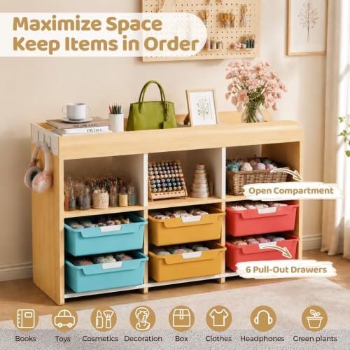 Classroom Storage Organizer with 6 Bins, 3 Shelves and Pegboard, Rainbow - Image 3