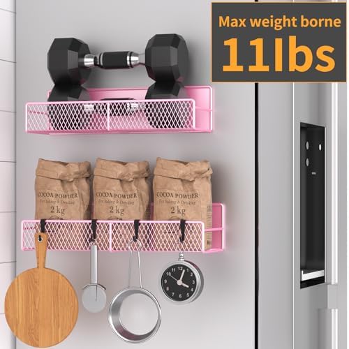 Magnetic Spice Rack for Refrigerator, 2 Pack Metal Magnetic Shelf Pink, Moveable Spice Organizer with Hooks, Super Magnetic Fridge Shelf for Kitchen Organization and Storage - Image 4