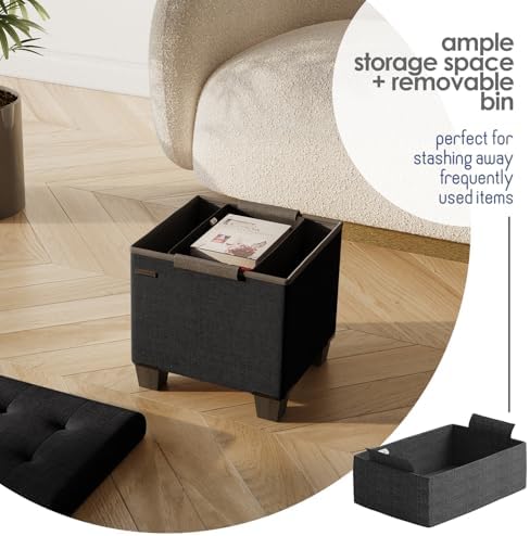 Storage Ottoman Cube with Small Bin, 15-in Square Ottoman with Storage for Living Room and Bedroom, Small Ottomans Foot Rest, Fabric Foot Stools Ottomans Max 330lbs, Black - Image 3