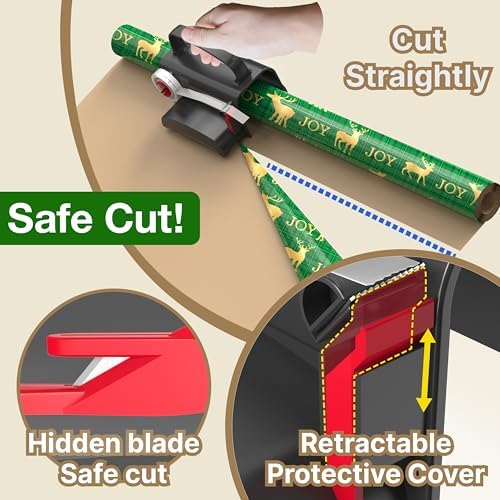 Wraprocut (2-Pack) Wheel Wrapping Paper Cutter & Tape Dispenser with 4 Tapes，2 Replace Blades Kit for Christmas Gift Wrap Cutter Tool Paper Roll Holder Tube Sliding Slicing for Birthday Holiday. - Image 4