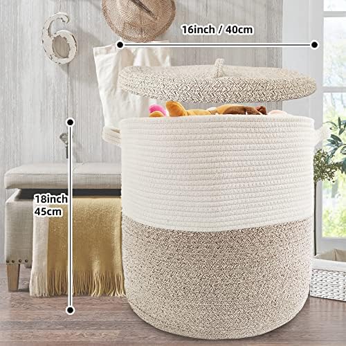 Large Storage Basket with Lid 60L, 16"Wx18"H Woven Laundry Hamper Basket with Handle, Room Decor Cotton Rope Wicker Basket Toy Organizer Bins for Clothes Blankets Pillows, Beige/White Mix includes Lid - Image 2
