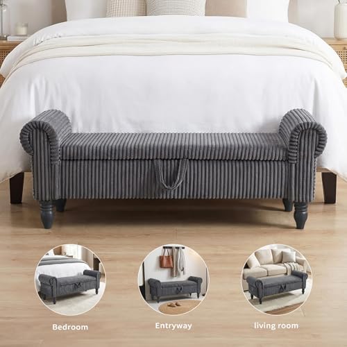 55" Corduroy Storage Ottoman Bench, Queen Bed, Grey - Image 5