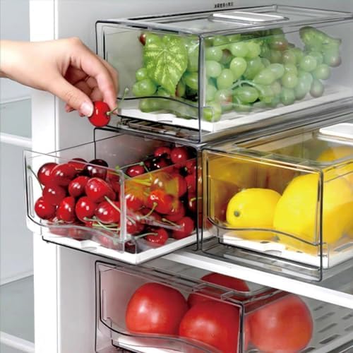 Fruit Storage Containers for Fridge with Strainer, BPA-Free Fridge Organizers and Storage, Stackable Clear Pull Out Refrigerator Organizers Drawer for Fruit,Vegetable,Produce,Berry,Food (2 Pack) by bealy