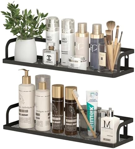PUSDON 2-Pack 16.5" Extra Long Slim Hollowout Shower Caddy, Wall Mount Spice Rack & Bathroom Organizer, Mesh Bottom Cabinet Door Shelf Holds 50LBS - Matte Black, Hollowout by PUSDON