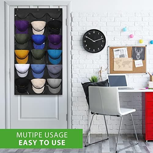 Dofilachy Hat Rack - Hat Organizer - Hat Racks for Baseball Caps, Visible Hat Holder - Baseball Hat Rack for Wall Door with 3 Hooks, 18 Deep Pockets(Black, medium) - Image 6