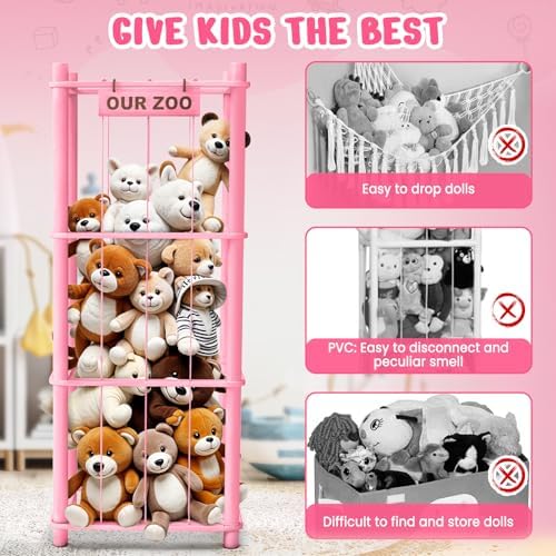 Woodure Stuffed Animal Storage & Organizer, Wooden Cute Zoo Toy Holder for Toddler Rooms, Playrooms & Bedrooms（Pink） - Image 3