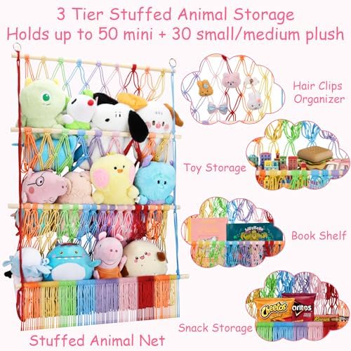 3 Tier Stuffed Animal Storage Net, 24x39 Inch Plushies Storage,Rainbow - Image 6