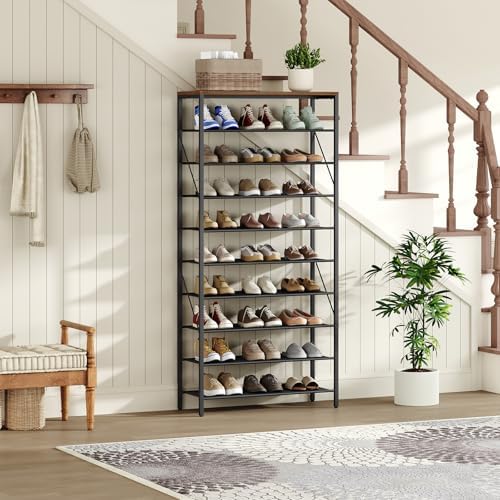 MAHANCRIS 10 Tier Shoe Rack Organizer for Closet, Holds 36-40 Pairs, Tall Metal Shoe Storage Shelf for Dorm, Entryway, Sturdy Freestanding Shoe Rack Space Saving, Large Capacity, Rustic Brown - Image 2