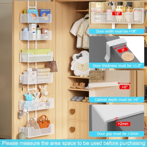 Hongtamoya Over The Door Organizer, Metal Hanging Door Organizer with 6 Adjustable Baskets and 5 Hooks, Behind The Door Storage for Closet Cabinet Kitchen Bathroom Bedroom Pantry Door Organizer, White - Image 3