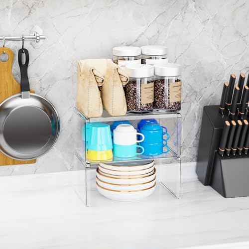 Yieach 2 Pack Acrylic Cabinet Organizer,2 Tier Stackable Shelves for Cabinets,RV Pantry Organization,Counter Space Saver Desk Organizers,Cupboard Shelf and Cabinet Stand & Risers for Mug,Cup,Dish - Image 6
