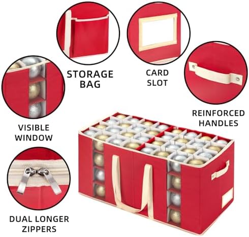 Christmas Visible Ornament Storage Box with Adjustable Dividers/Side Pockets,Ornaments Organizer with Zipper, Storage Container Bin for Christmas Decorations(128 Ball, Red, without Tray) - Image 6