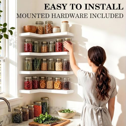 Floating Corner Shelves, Wall Shelf Set of 4, Shelves for Wall Storage, Solid Wood Shelves for Storage, Wall Mount Wooden Display Shelf for Bathroom Bedroom Kitchen Garage (White 4 Pcs) - Image 5