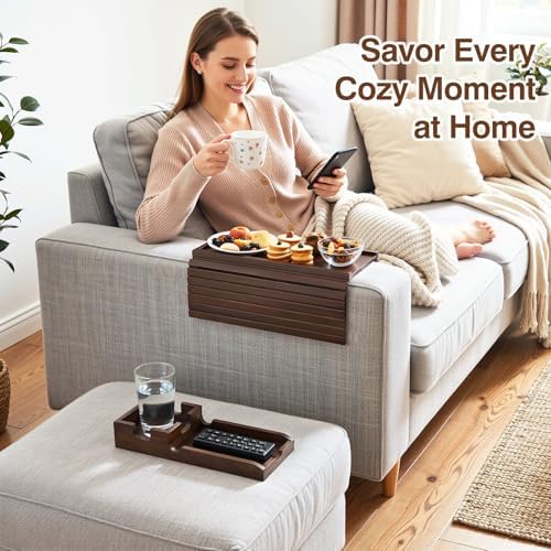Couch Arm Tray, Bamboo Sofa Tray Table for Couch, Anti-Slip Armrest Organizer, 2-in-1 Split Design Fits Most Sofa Arms, Foldable Couch Cup Holder for Snacks, Phone, Control, Cups, Brown - Image 7