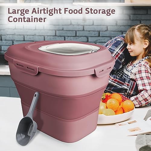 Komzon Rice Storage Bin Cereal Containers, 13-50lb Collapsible Rice Container Dispenser with Transparent Lid, Rolling Wheels, Measuring Cup and Scoop, Airtight Dog Cat Pet Food Storage Container Pink - Image 6