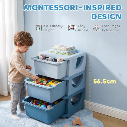 Qaba 3 Drawers Kids Storage Unit 3 Tier Toy Organizers Blue - Image 6