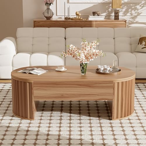 Merax 47.2'' Lift Top Oval Coffee Table with Hidden Storage Compartment, Modern Wooden Center Table with Oval Lift Tabletop for Home Living Room, Light Brown - Image 3
