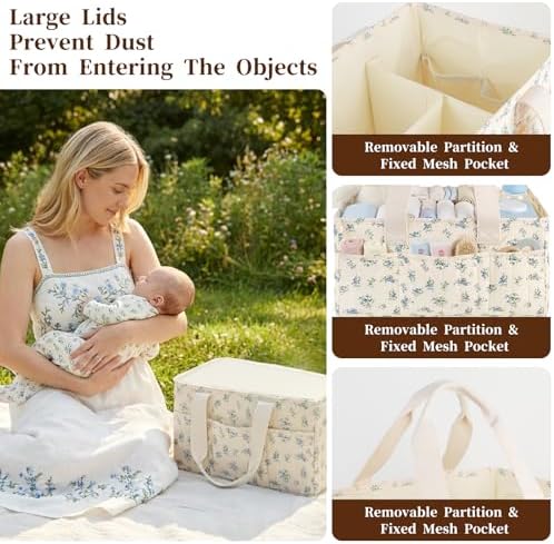 Floral Baby Diaper Caddy Organizer with Lid, Gift Basket for Baby Shower - Image 7