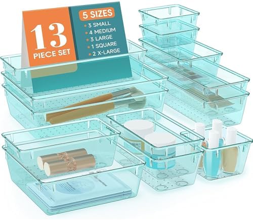 13 PCS Plastic Drawer Organizers Set, 4 Size Desk Drawer Organizer Trays by StorMiracle