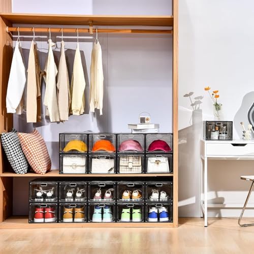 INSTY 12 Pack Gray Transparent Shoe Storage Organizer, Stackable Shoe Boxes for Closet, Drop Front Plastic Shoe Box with Grey Door, Easy to Assemble, Fit up US Size 12(13.4”x 9.8”x 7.1”) - Image 7