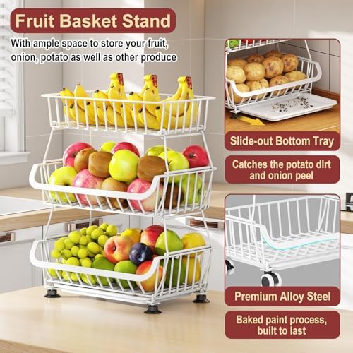 3-Tier Rolling Pantry Cart with Wheels, Stackable Wire Storage Floor Organizer for Kitchen Pantry Snack Shelves, Fruit Basket Stand, Vegetable Storage Rack for Food Snacks Onion Potato, White - Image 6