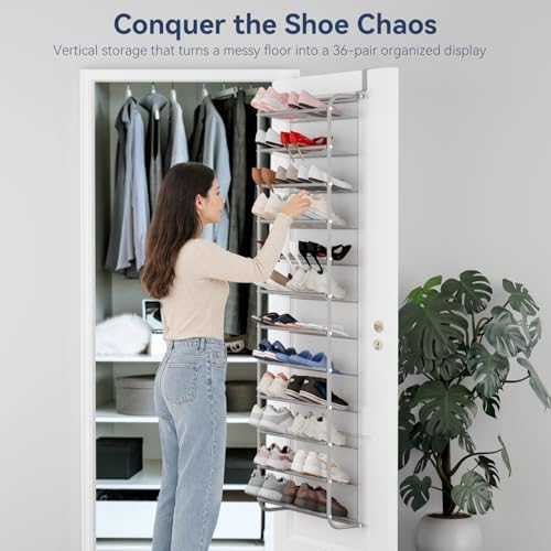 Whitmor 36 Pair Over The Door Shoe Organizer, 12 Tier Hanging Shoe Organizer, Heavy Duty Metal & Mesh Shoe Holder, Hanging Shoe Rack for Closet Organizer & Storage, 74"H x 21.7"W x 7.5"D, Grey - Image 3