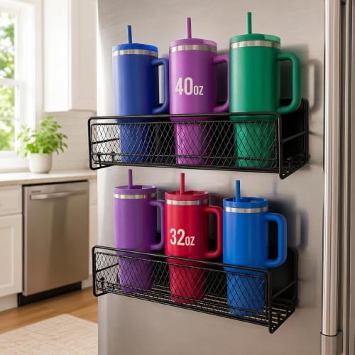 2 Pack Magnetic Cup Holder Heavy Duty, 6 Cup Mesh Water Bottle Storage Organizer with 8 Side Utility Hooks for Stanley Yeti Tumbler Cups, Side of Fridge Rack for Kitchen, Garage, Pantry, RV - Black by Unknown