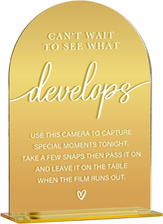 Acrylic Wedding Sign, Bridal Shower Decorations, Can't Wait to See What Develops Sign for Ceremony, Modern Font Table Signs, Gold Mirror Arched Acrylic Tabletop Signs for Wedding Reception