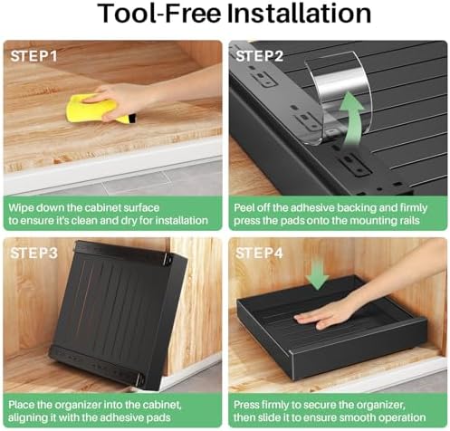 Pull Out Cabinet Organizer with Nano Adhesive, Heavy Duty Full-Extension Slide-Out Drawer for Kitchen Cabinet Organizers and Storage, No Drill Roll out Pantry Shelf, 18.5"W x 16.9"D x 3.1"H , Black - Image 5