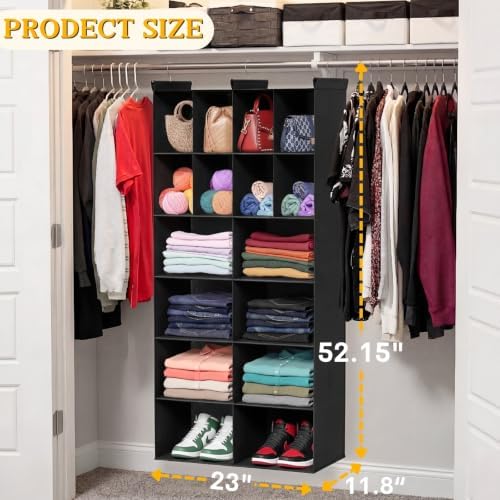 6 Tier Hanging Closet Organizer, 16 Compartments Dual Row Storage, Black - Image 3