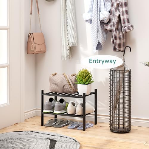 viewcare Black Small Shoe Rack for Entryway,2-Tier Bamboo Shoe Organizer for Hallway Closet, Free Standing Shoe Racks for Indoor Outdoor - Image 2