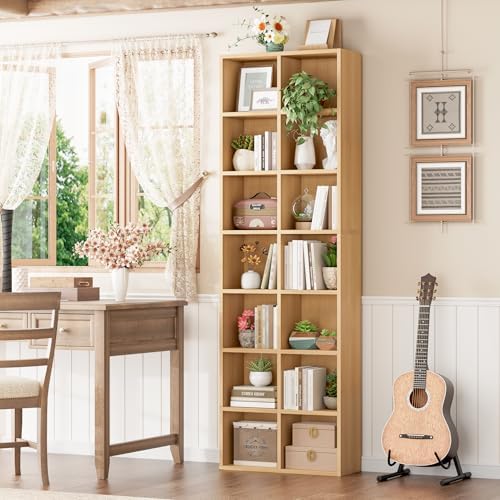 FOTOSOK Wood Bookshelf 7-Tier Narrow Bookshelf Tall CD Media Tower Rack - Image 4