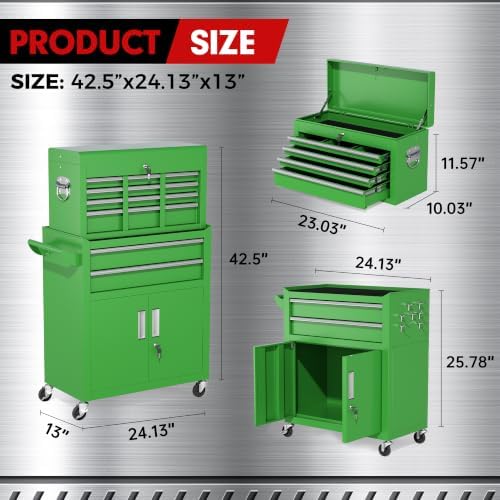 INTERGREAT Tool Chest, 8 Drawer Rolling Tool Chest with Drawers, Detachable Top Tool Box, and Locking Mechanism, Metal Tool Cart with Liner and 6 Hooks for Garage, Workshop, Green - Image 3
