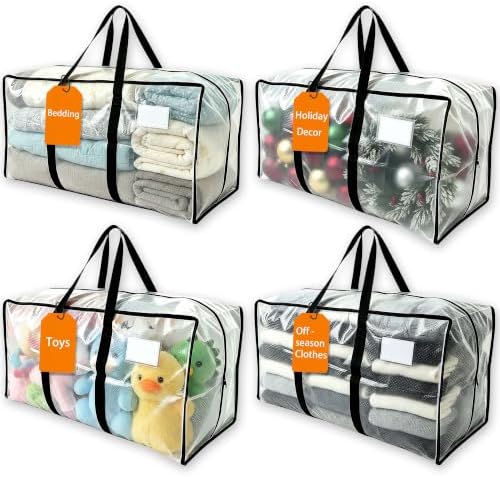 24 GAL Heavy Duty Moving Bags Clear see-through 4 Pack - Backpack Straps & Handles, Large Zipper Storage Bags for Clothes, Water-Resistant College Dorm & Moving Essentials by JVLJVL