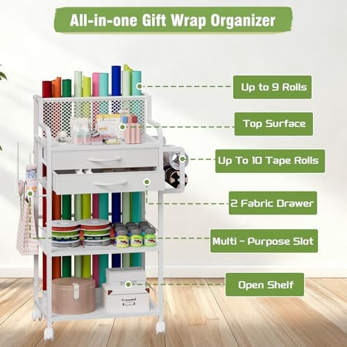 Rolling Wrapping Paper Storage Cart with 2 Drawers,16.5"x32"x11.4" - Image 4