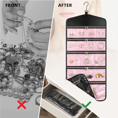 CHICECO Travel Jewelry Holder Organizer,Hanging Jewelry Organizer Storage with Zippered Pockets for Cloest,Jewelry Holder for Earrings, Necklaces (Pink Black) - Image 5