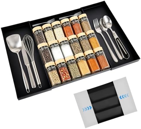 Expandable Spice Drawer Organizer with 5 Compartments & 2 Utensil Slots, Heavy-Duty Large Capacity Multi-Functional Kitchen Spice Rack for Drawer Cabinet Tray, Black by MAXVINI